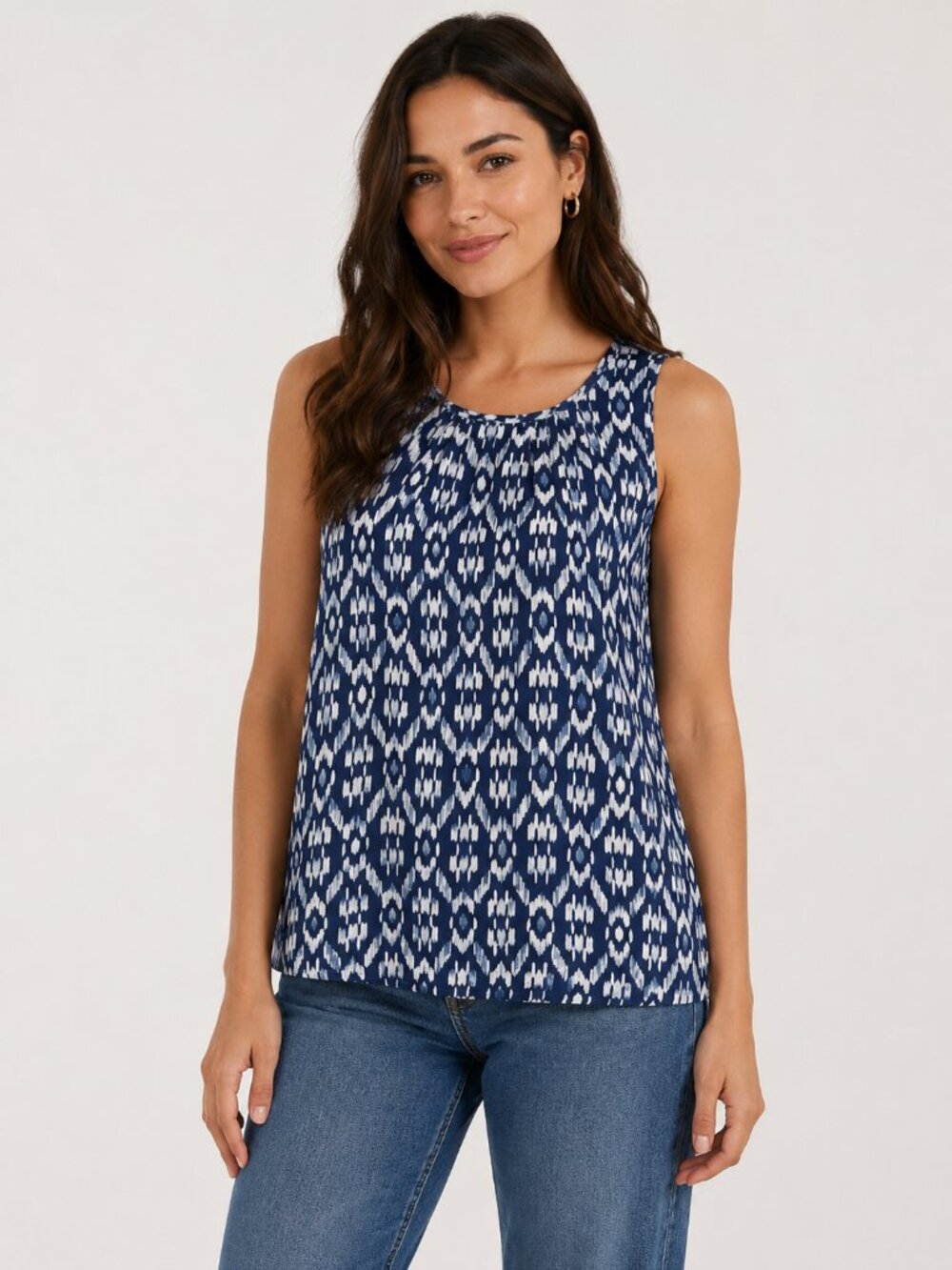 Old Navy XL Navy Blue White Ikat Geometric Sleeveless Keyhole Blouse